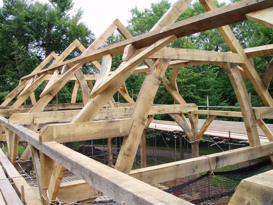 Camerton Court, barn, green oak, timber frame, roof trusses